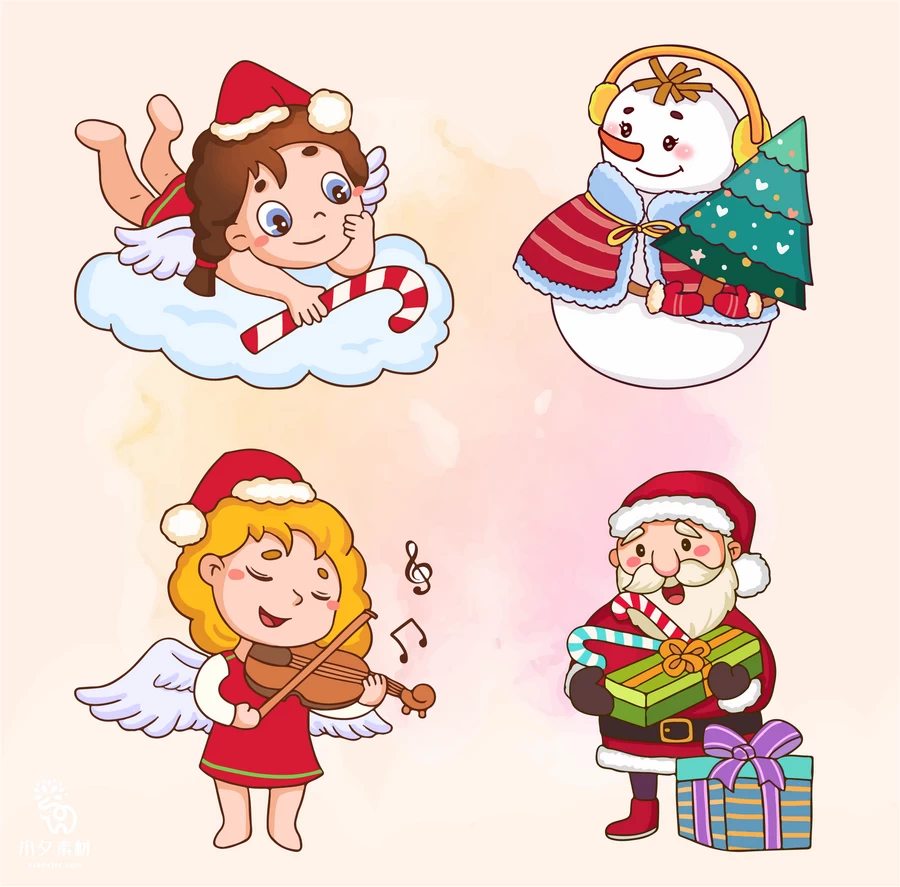 圣诞节平安夜圣诞老人麋鹿圣诞树雪人姜饼元素插画图案AI矢量素材【020】
